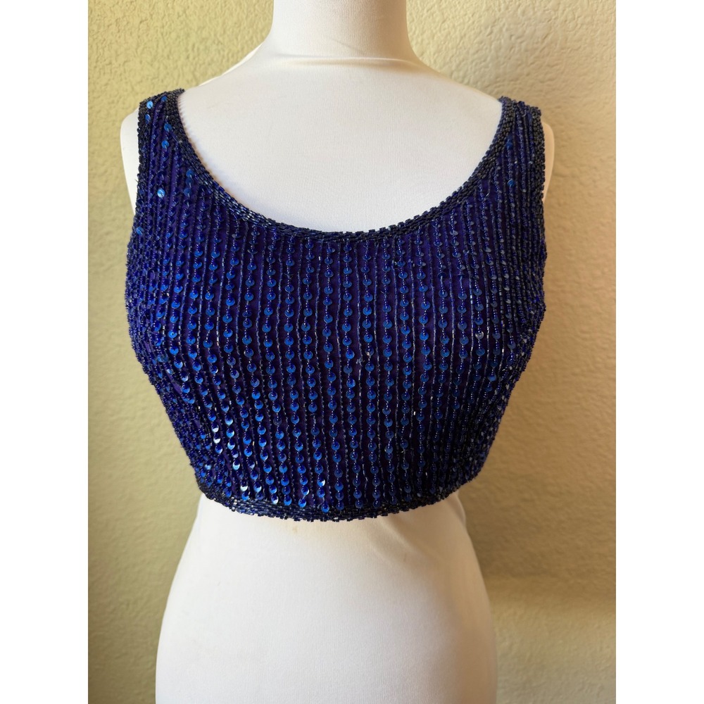 Vintage Y2K Blue Beaded Silk Crop Top‎ Hand Beaded XS/Small